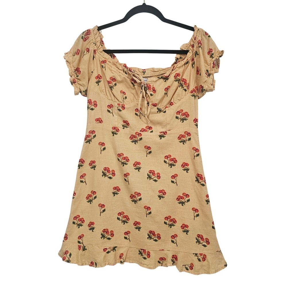 Urban Outfitters M Cherry Print Mini Dress Yellow Ruffle Cottagecore Whimsical